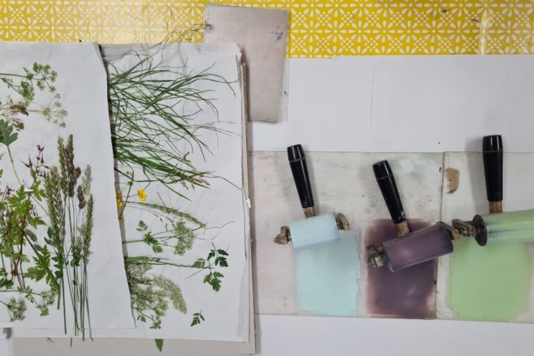 On the table are leaves and vegetation placed on top of paper. To the side, are blue, purple and green paints on a rollers. This print making workshop is part of the Nature's cure project.